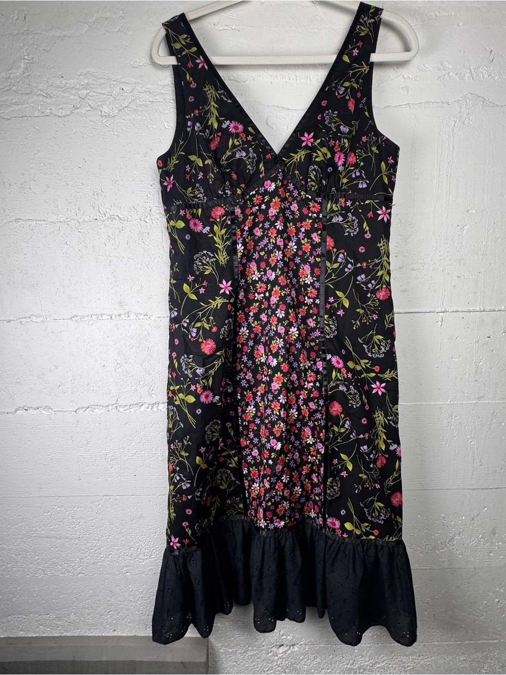 Vintage Mica Patchwork Floral eyelet Black Midi Dress 90s boho Retro whimsical